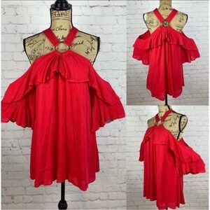 Entro Red Crinkly Cold Shoulder Ruffled Bell Sleeve Dress/Tunic